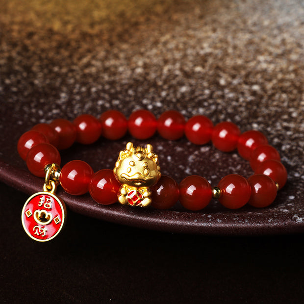 Buddha Stones Year of the Dragon Natural Red Agate Copper Coin Attract Fortune Bracelet