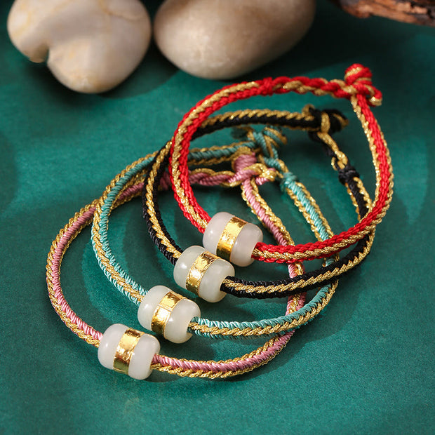 Buddha Stones 999 Gold Hetian White Jade Om Mani Padme Hum Fu Character Luck Braided Bracelet Bracelet BS 1