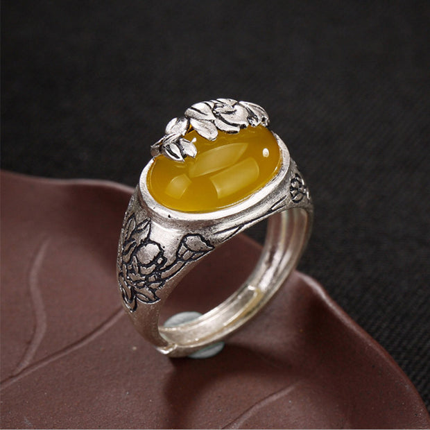 Buddha Stones Silver Citrine Lotus Blessing Protection Adjustable Ring Rings BS 1