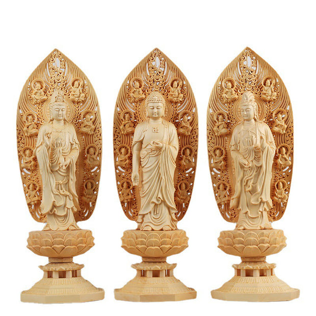 Buddha Stones Handcrafted Kwan Yin Avalokitesvara Tathagata Mahasthamaprapta Bodhisattva Statue Boxwood Abundance Decoration