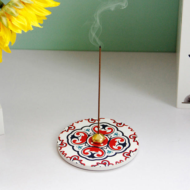 Buddha Stones Colorful Pattern Ceramic Blessing Stick Incense Burner Incense Burner BS White Red