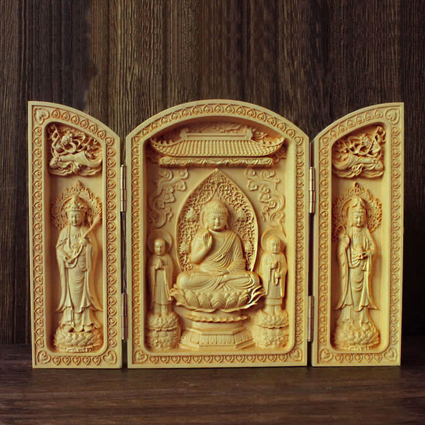 Buddha Stones Thousand-armed Avalokitesvara Kwan Yin Buddha Boxwood Wealth Home Decoration Altar Prayer Altar BS Three Western Saints