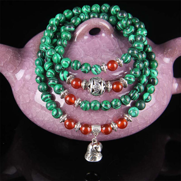 Buddha Stones Tibetan 108 Beads Malachite Red Agate Bell Protection Bracelet Mala Mala Bracelet BS 2
