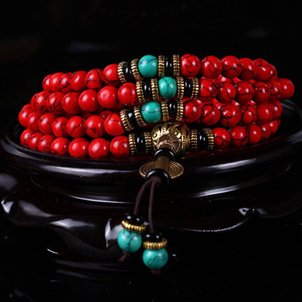 Buddha Stones Tibetan Mala Red Turquoise Lucky Necklace Bracelet Mala Bracelet BS 1