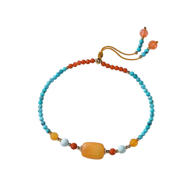 Buddha Stones 925 Sterling Silver Natural Turquoise Amber Red Agate Protection Serenity Bracelet