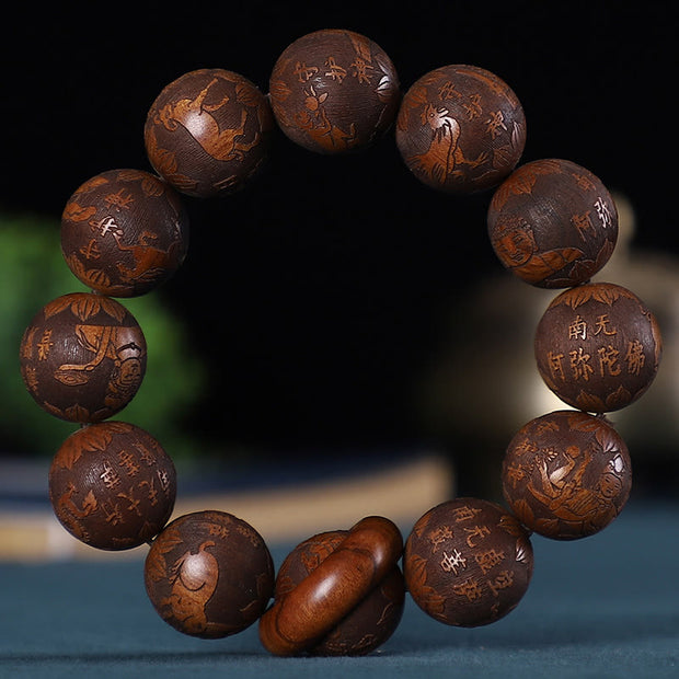 Buddha Stones Chinese Zodiac Rosewood Green Sandalwood Ebony Wood Copper Coin Carved Calm Bracelet