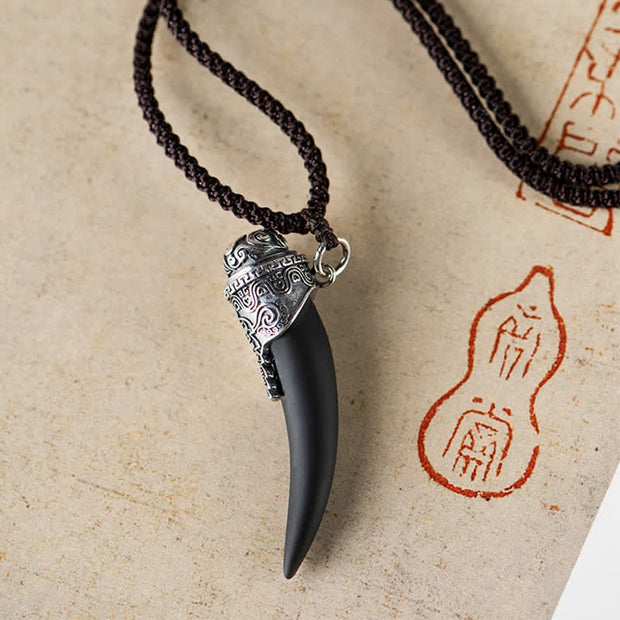 Buddha Stones 925 Sterling Silver Black Obsidian Wolf Tooth Pattern Strength Necklace Pendant Necklaces & Pendants BS 1