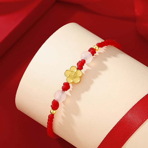 Buddha Stones Handmade 925 Sterling Silver Peach Blossom Cherry Sakura Chalcedony Bead Luck Red Rope Bracelet