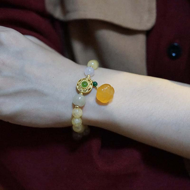 Buddhastoneshop Natural Citrine Jade Blessing Fortune Pumpkin Charm Bracelet