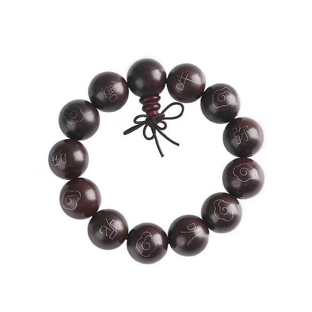 Buddha Stones 925 Sterling Silver Inlaid Small Leaf Red Sandalwood Om Mani Padme Hum Character Auspicious Clouds Protection Bracelet Bracelet BS 19