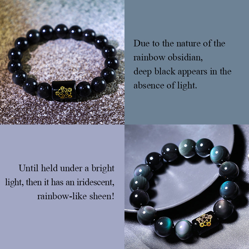 Natural 10mm Rainbow Obsidian Beaded Bracelet - Healing, Love & Inspiration - Handmade