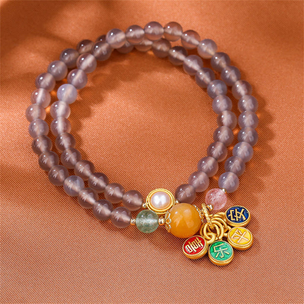 Buddha Stones Natural Gray Agate Peace And Joy Charm Balance Double Wrap Bracelet