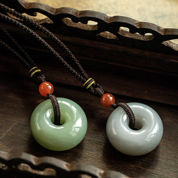 Buddha Stones Natural Round Jade Gray Jade Peace Buckle Luck Necklace Pendant Necklaces & Pendants BS 3