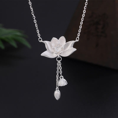 Buddha Stones 999 Sterling Silver Lotus Flower Pod Carved Enlightenment Necklace Pendant