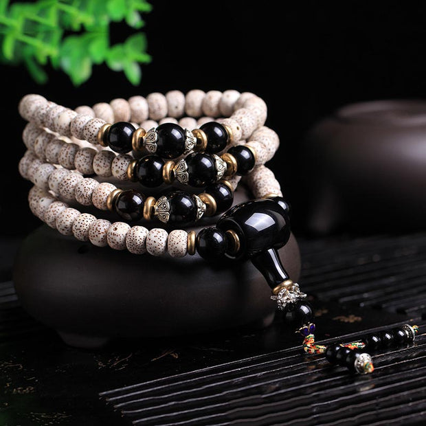 Buddha Stones 108 Beads Bodhi Seed Mala Black Obsidian Blessing Bracelet Mala Bracelet BS 8*10mm*108