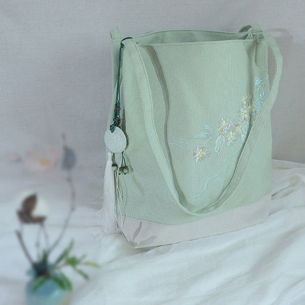 Buddha Stones Flower Crane Plum Blossom Embroidery Canvas Large Capacity Shoulder Bag Tote Bag Bag BS 6
