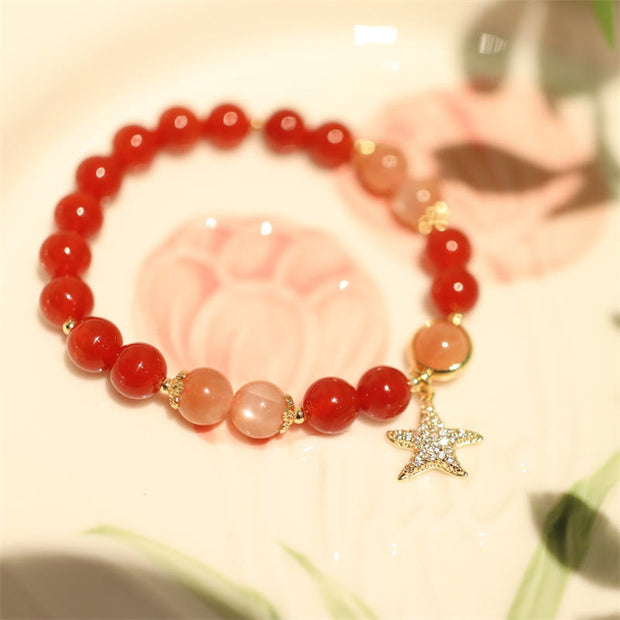Buddha Stones Sun Stone Peach Moonstone Red Agate Crystal Star Wealth Bracelet Bracelet BS 2