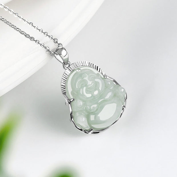 Buddha Stones 925 Sterling Silver Laughing Buddha Jade Luck Calm Necklace Chain Pendant Necklaces & Pendants BS 3
