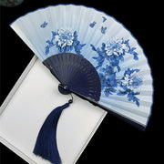 Buddha Stones Vintage Bamboo Peony Butterfly Lotus Handheld Silk Folding Fan With Bamboo Frames Folding Fan BS Blue Flower Butterfly