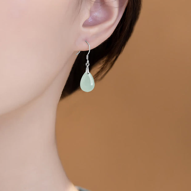 Buddha Stones 925 Sterling Silver Jade Water Drop Pattern Luck Prosperity Dangle Earrings Earrings BS 2