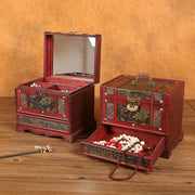 Buddha Stones Vintage Jewelry Box Golden Grape Handmade Solid Wood Jewelry Storage Box With Mirror