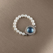 Buddha Stones 925 Sterling Silver Pearl Blue Chalcedony Healing Chain Bracelet Ring Bracelet BS 6