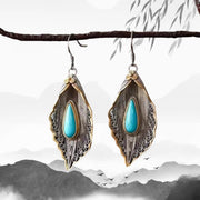 Buddha Stones 925 Sterling Silver Turquoise Bodhi Leaf Pattern Protection Drop Dangle Earrings Earrings BS 13