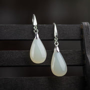 Buddha Stones Hetian White Jade Water Drop Luck Blessing Dangle Earrings Earrings BS 1