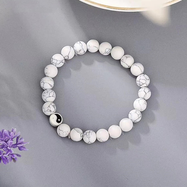 Buddha Stones 3pcs Natural White Turquoise Frosted Stone Bead Yin Yang Wealth Bracelet Bracelet BS 6