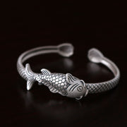 Buddha Stones 990 Sterling Silver Koi Fish Lotus Luck Wealth Bracelet Bangle