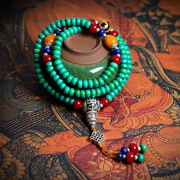 Buddha Stones 108 Mala Beads Tibetan Turquoise Dzi Bead Protection Bracelet Mala Bracelet BS Turquoise