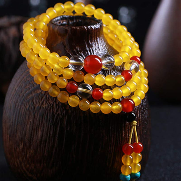 Buddha Stones 108 Mala Beads Yellow Chalcedony Harmony Bracelet