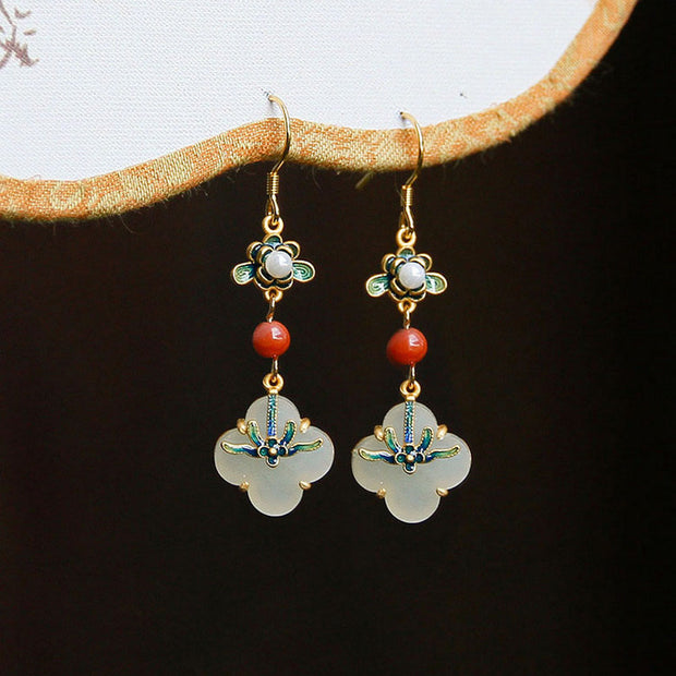 Buddha Stones Lucky Four Leaf Clover Jade Abundance Copper Earrings Earrings BS 5