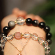 Buddha Stones Natural Silver Sheen Obsidian Pink Crystal White Crystal Protection Yin Yang Color Couple Bracelet