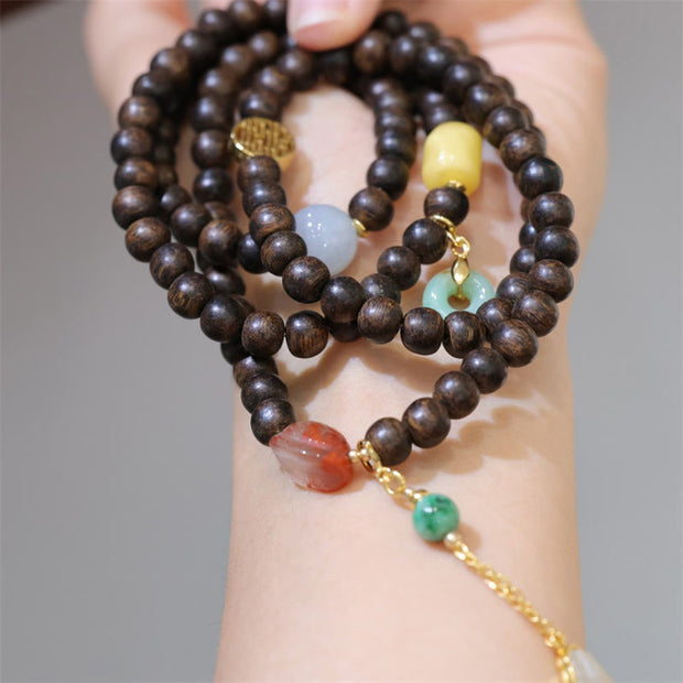 Buddha Stones 108 Mala Beads Brunei Agarwood Amber Red Agate Peace Buckle Jade Peace Bracelet Mala Bracelet BS 6