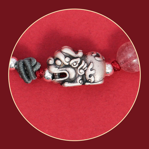 Buddha Stones 999 Sterling Silver PiXiu Strawberry Quartz Bead Wealth Luck Braided Bracelet