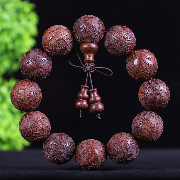 Buddha Stones Chinese Zodiac Rosewood Ebony Boxwood Copper Coin PiXiu Carved Warmth Bracelet