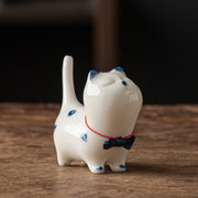 Buddha Stones Mini Lucky White Cat Kitten Tea Pet Ceramic Home Desk Figurine Decoration Decorations BS White Kitten(Blue Bow Style) 8.9cm*3.7cm*7.6cm