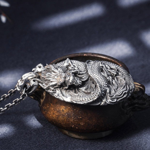 Buddha Stones 999 Sterling Silver Dragon Luck Necklace Pendant