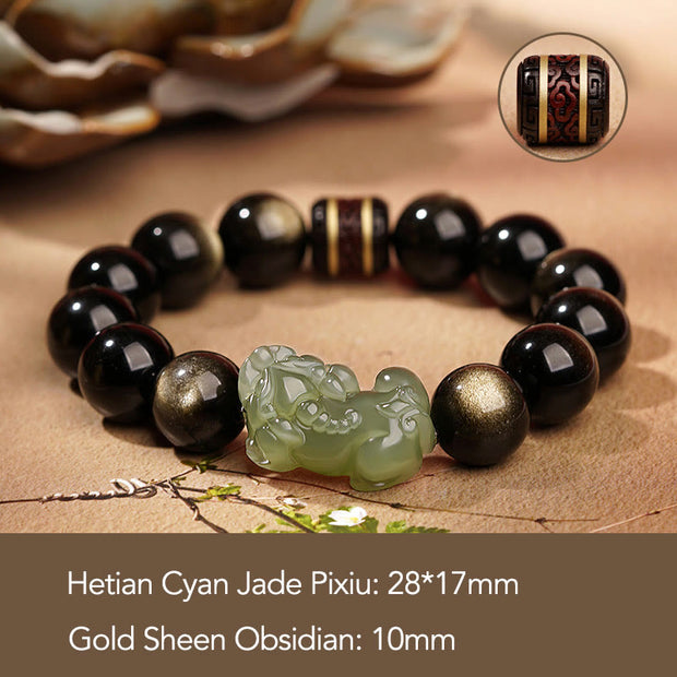 Buddha Stones Natural Gold Sheen Obsidian Hetian Cyan Jade White Jade PiXiu Wealth Bracelet Bracelet BS 1