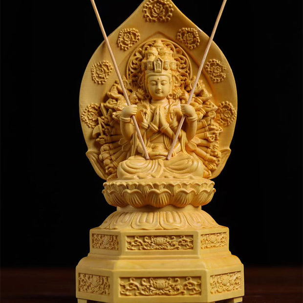 Buddha Stones Handmade Thousand-armed Avalokitesvara Kwan Yin Bodhisattva Statue Boxwood Abundance Home Decoration Decorations BS Sitting Avalokitesvara 15*8*6.5cm