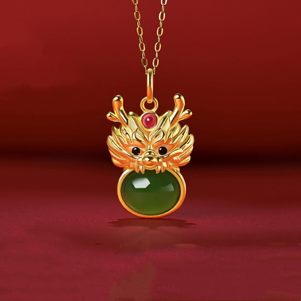Buddha Stones Year Of The Dragon 925 Sterling Silver Natural Hetian White Jade Cyan Jade Success Necklace Pendant Necklaces & Pendants BS Hetian Cyan Jade Dragon
