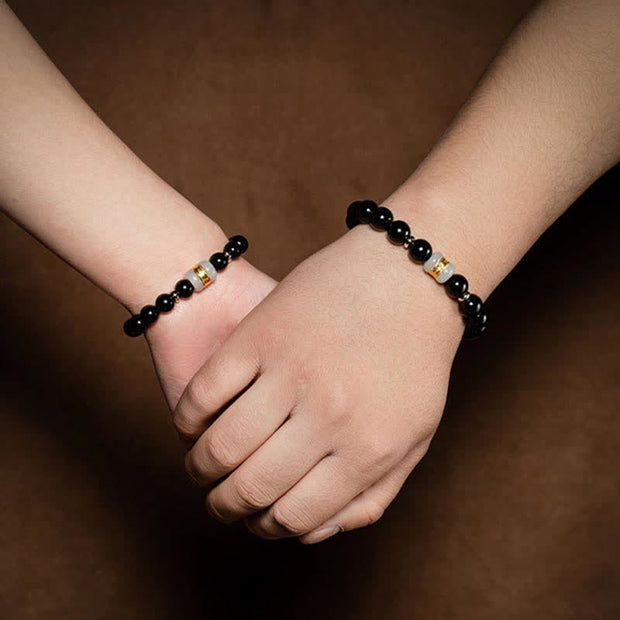 Buddha Stones Black Obsidian Jade Om Mani Padme Hum Strength Couple Magnetic Bracelet Bracelet BS 11