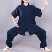 Buddha Stones Tai Chi Qigong Meditation Prayer Spiritual Zen Practice Unisex Cotton Linen Clothing Set Clothes BS Navy Blue Short Sleeve XXXL
