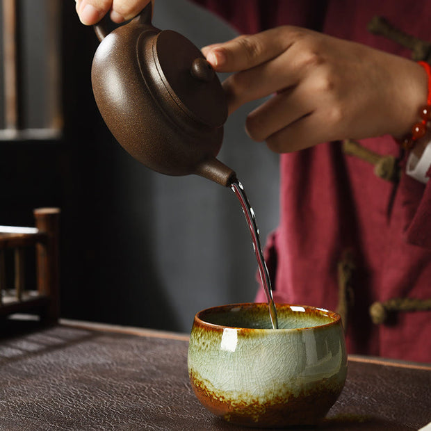 Buddha Stones Vintage Green Brown Kiln Change Porcelain Ceramic Teacup Kung Fu Tea Cups