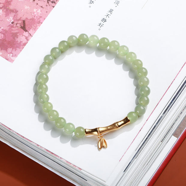 Buddha Stones 925 Sterling Silver Plated Gold Natural Hetian Jade Bead Gourd Lotus Bamboo Fu Character Luck Bracelet Bracelet BS Hetian Jade Bamboo(Wrist Circumference 14-16cm)