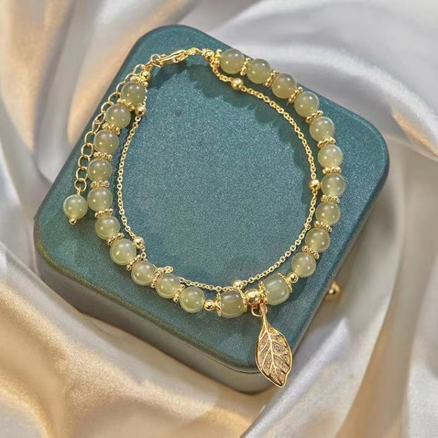 Buddha Stones Jade Leaf Ginkgo Tulip Peanut Fu Character Luck Beaded Bracelet