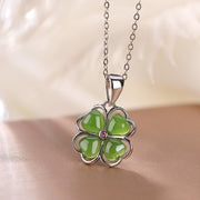 Buddha Stones 925 Sterling Silver Hetian Cyan Jade Lucky Four Leaf Clover Healing Necklace Pendant