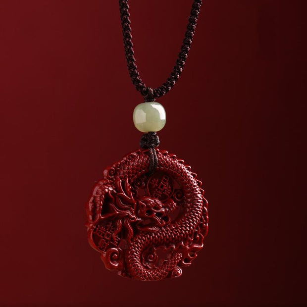Buddha Stones Year Of The Dragon Natural Cinnabar Hetian Jade Bead Copper Coin Attract Wealth Strength Necklace Pendant Necklaces & Pendants BS Cinnabar Dragon String Chain
