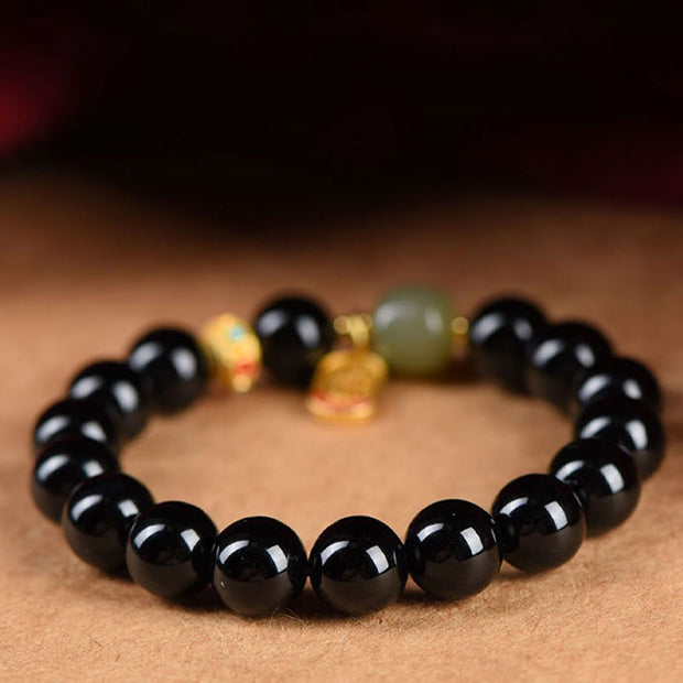 Buddha Stones Black Onyx Hetian Jade Bead Lucky Fortune Charm Bracelet Bracelet BS 9